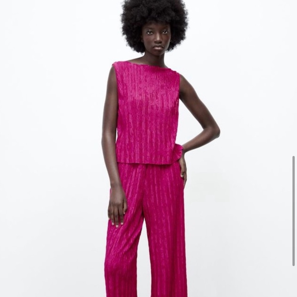 Zara Pink Wide Leg Jumpsuit with Pleated Texture - Picture 4 of 11
